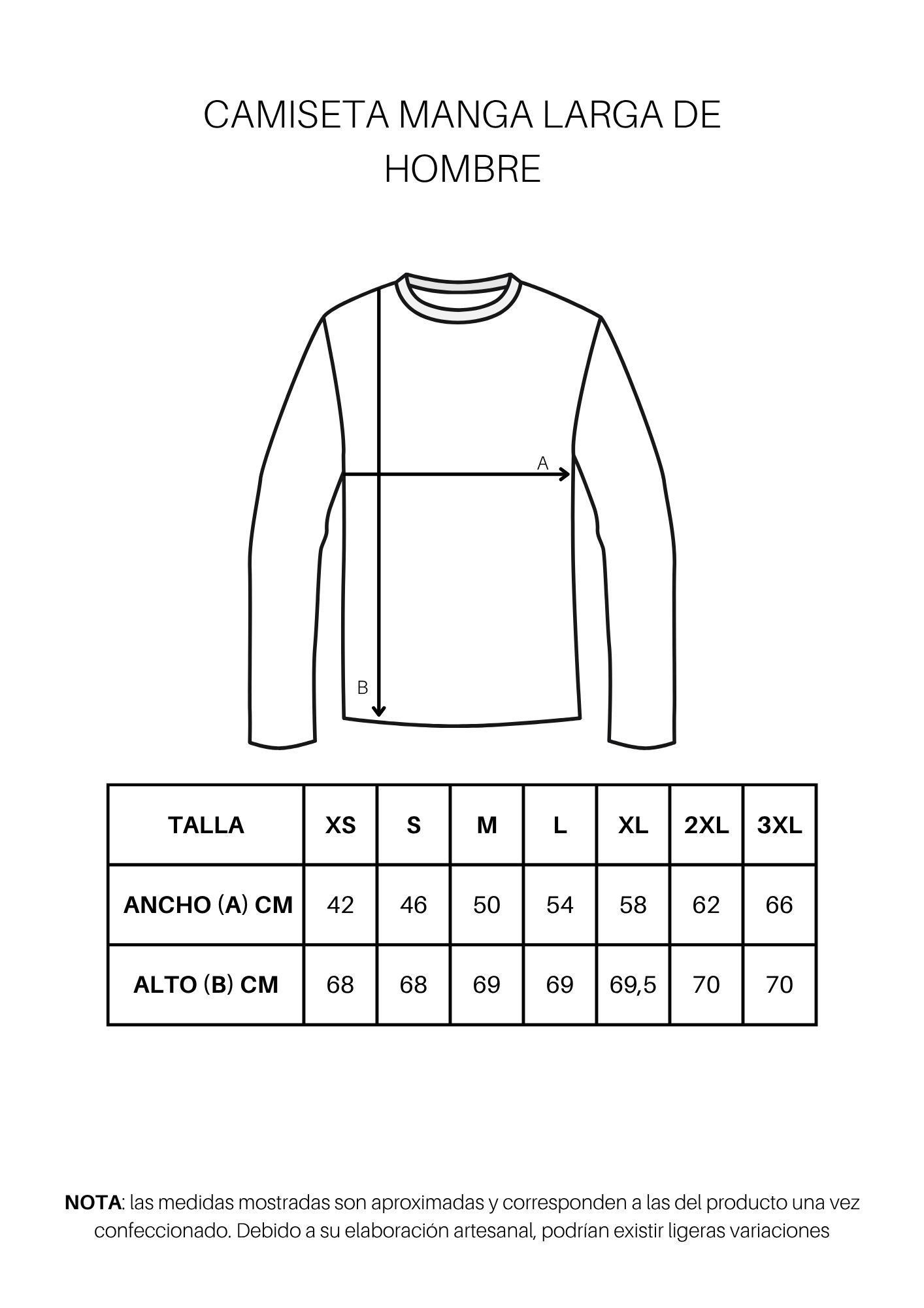 Guía de tallas de Camiseta manga larga unisex personalizada
