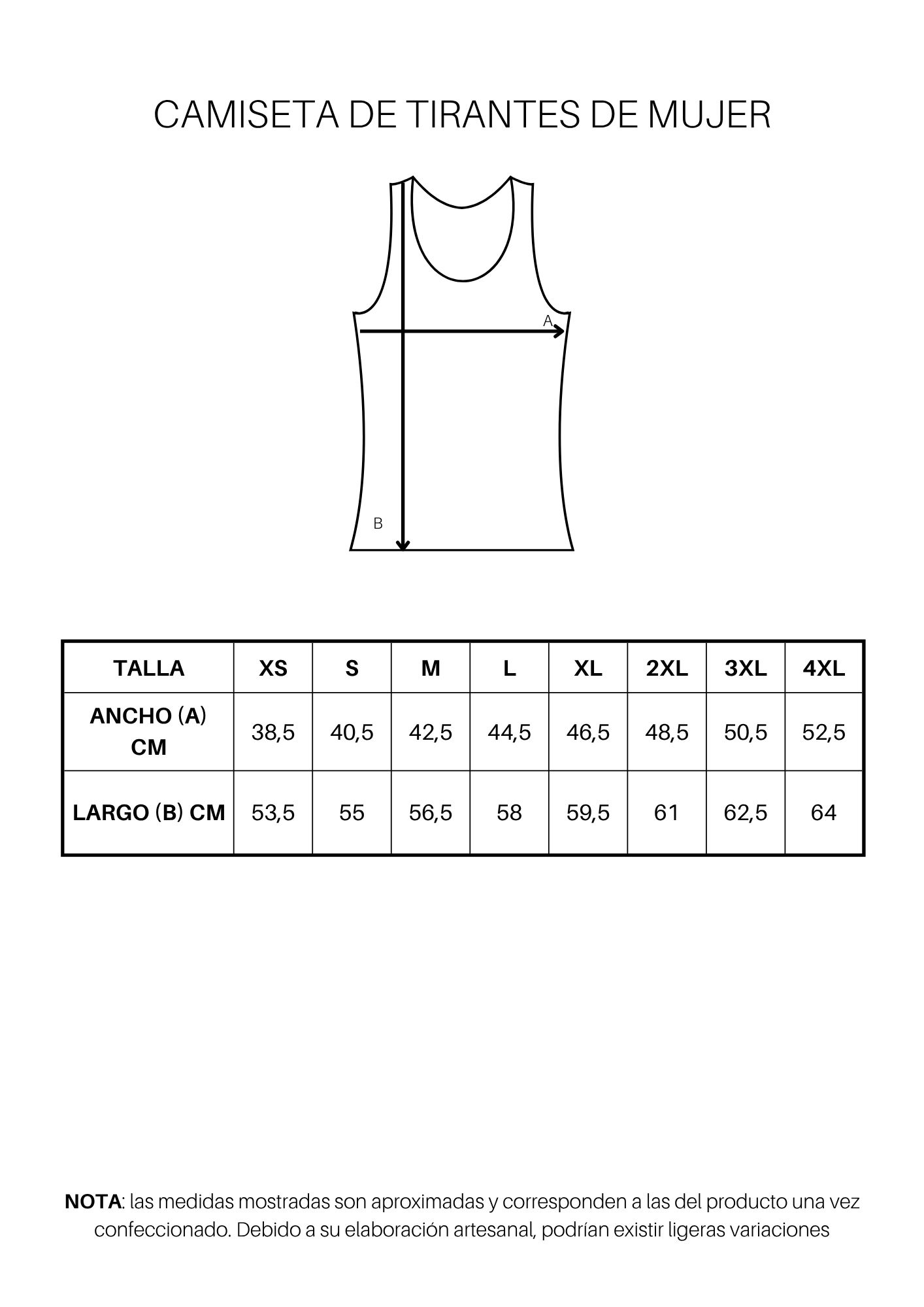 Guía de tallas de Camiseta de tirantes de mujer personalizada