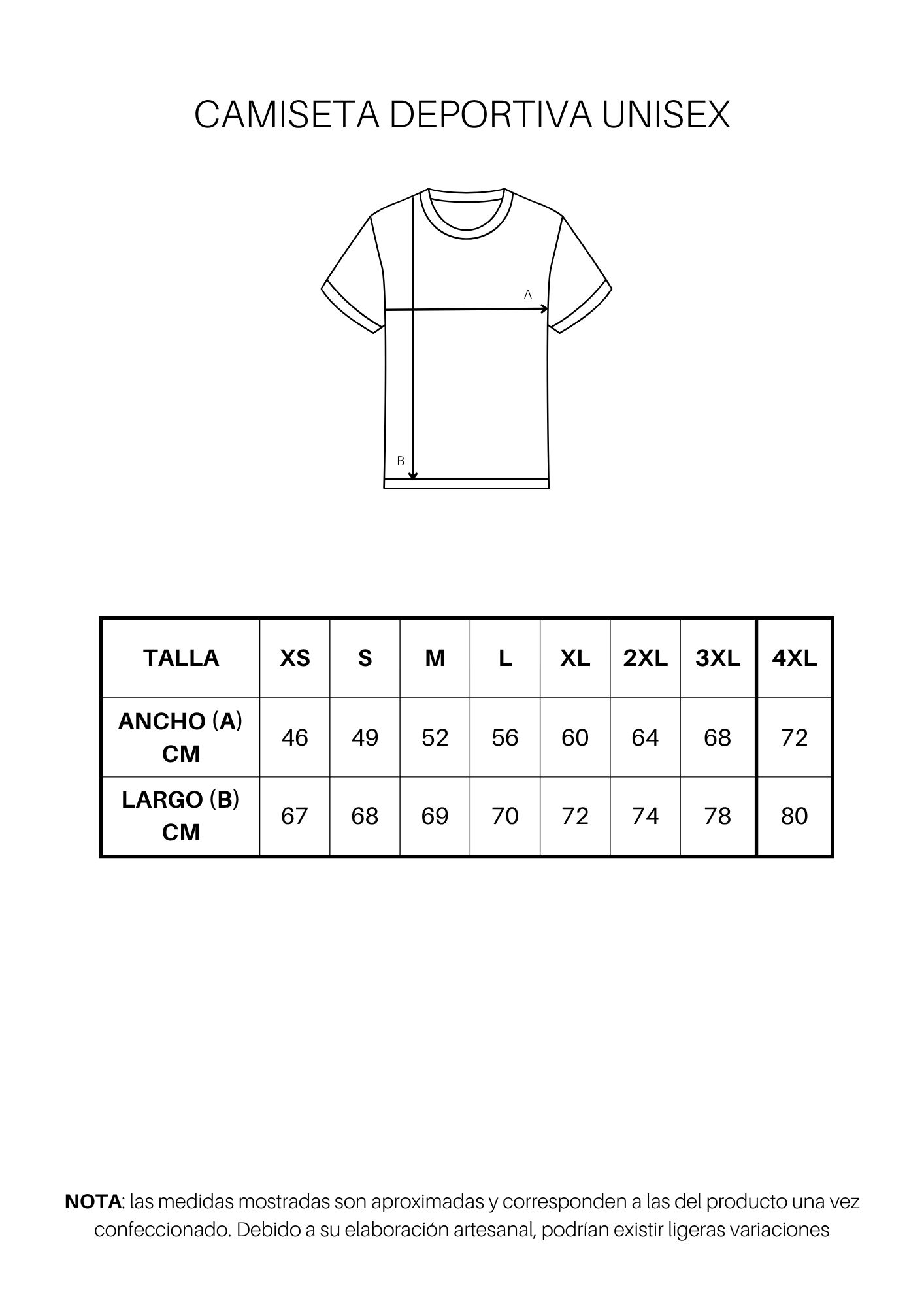 Guía de tallas de Camiseta deportiva unisex personalizada