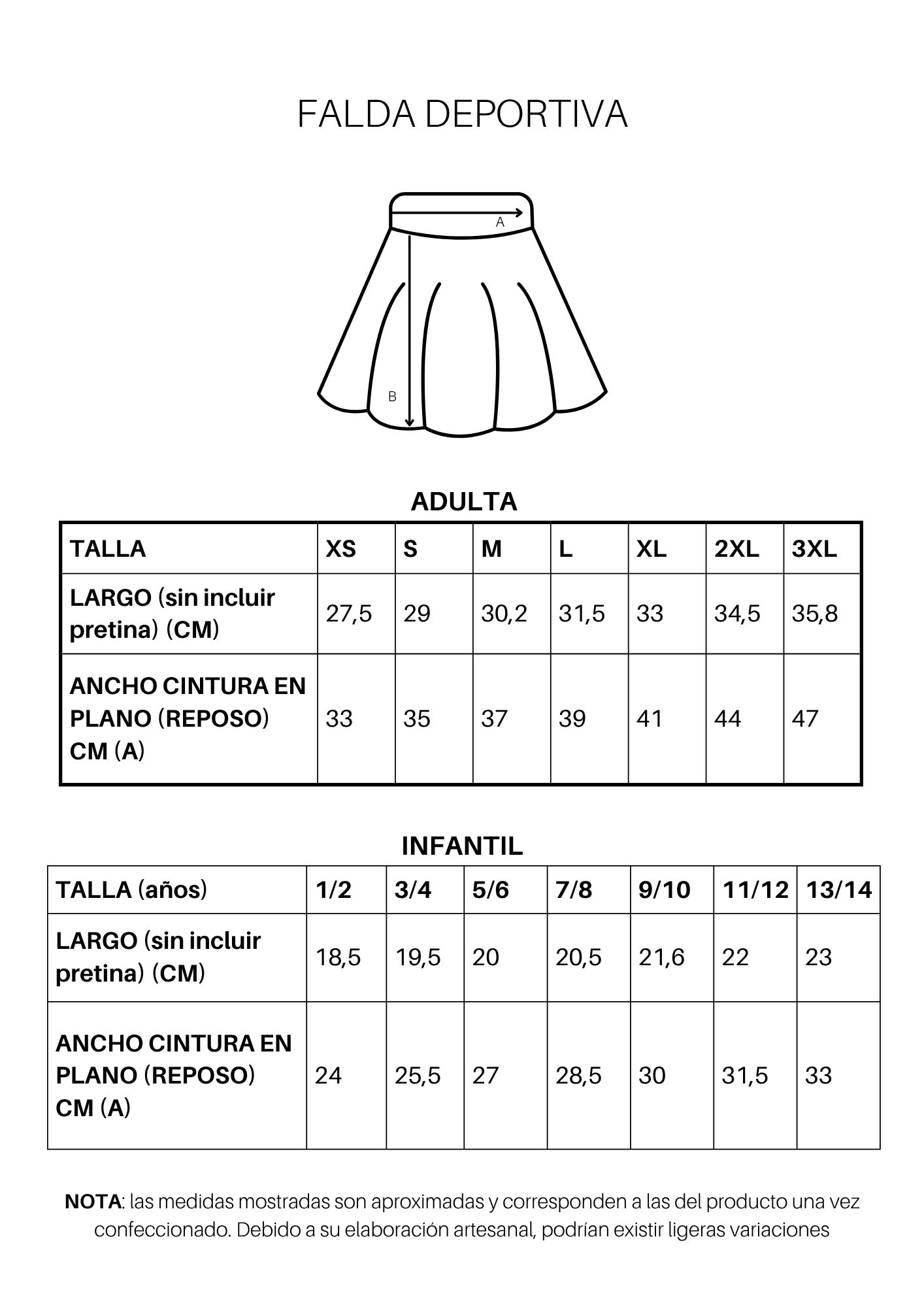 Guía de tallas de Falda deportiva personalizada