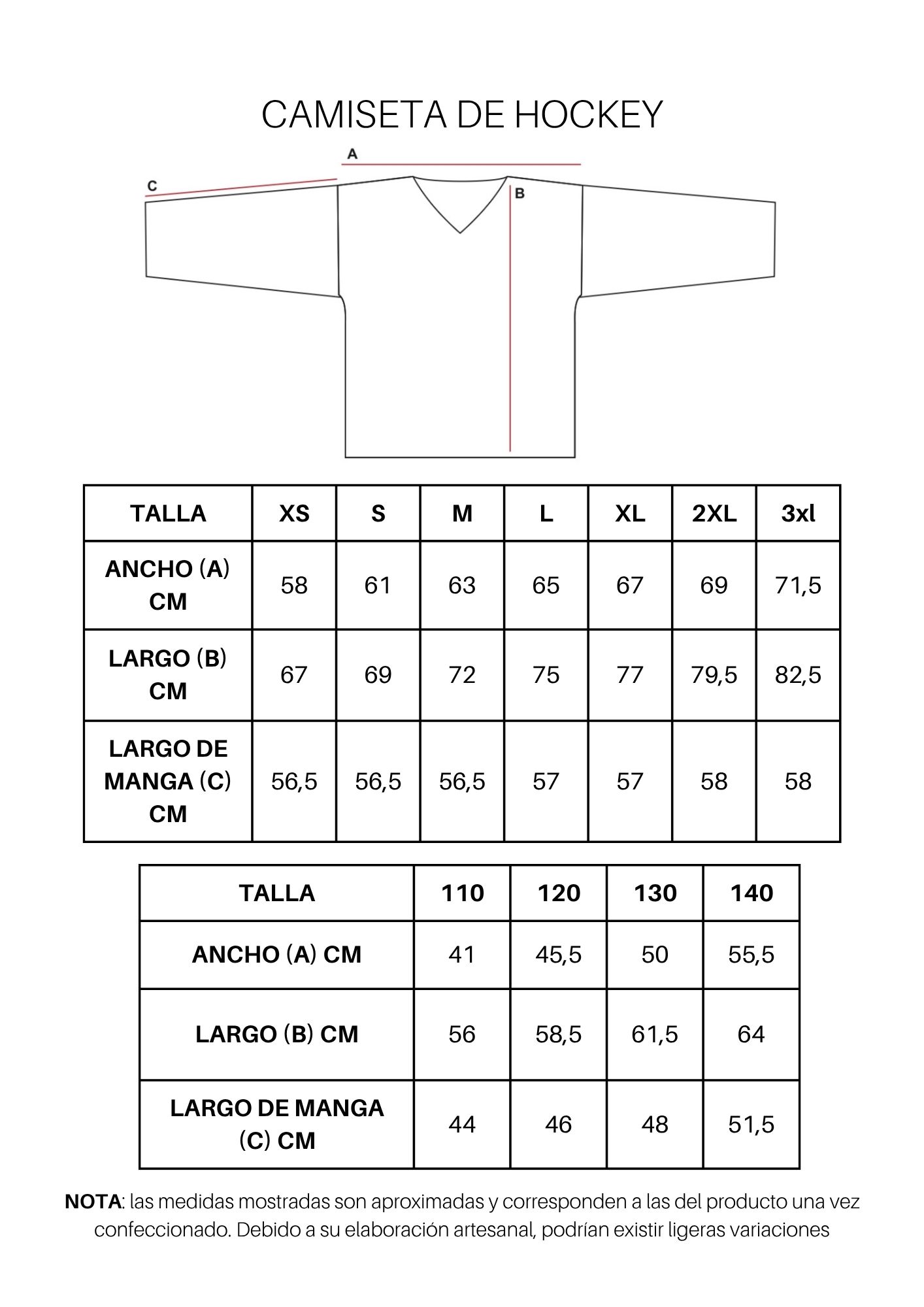 Guía de tallas de Camiseta de hockey personalizada