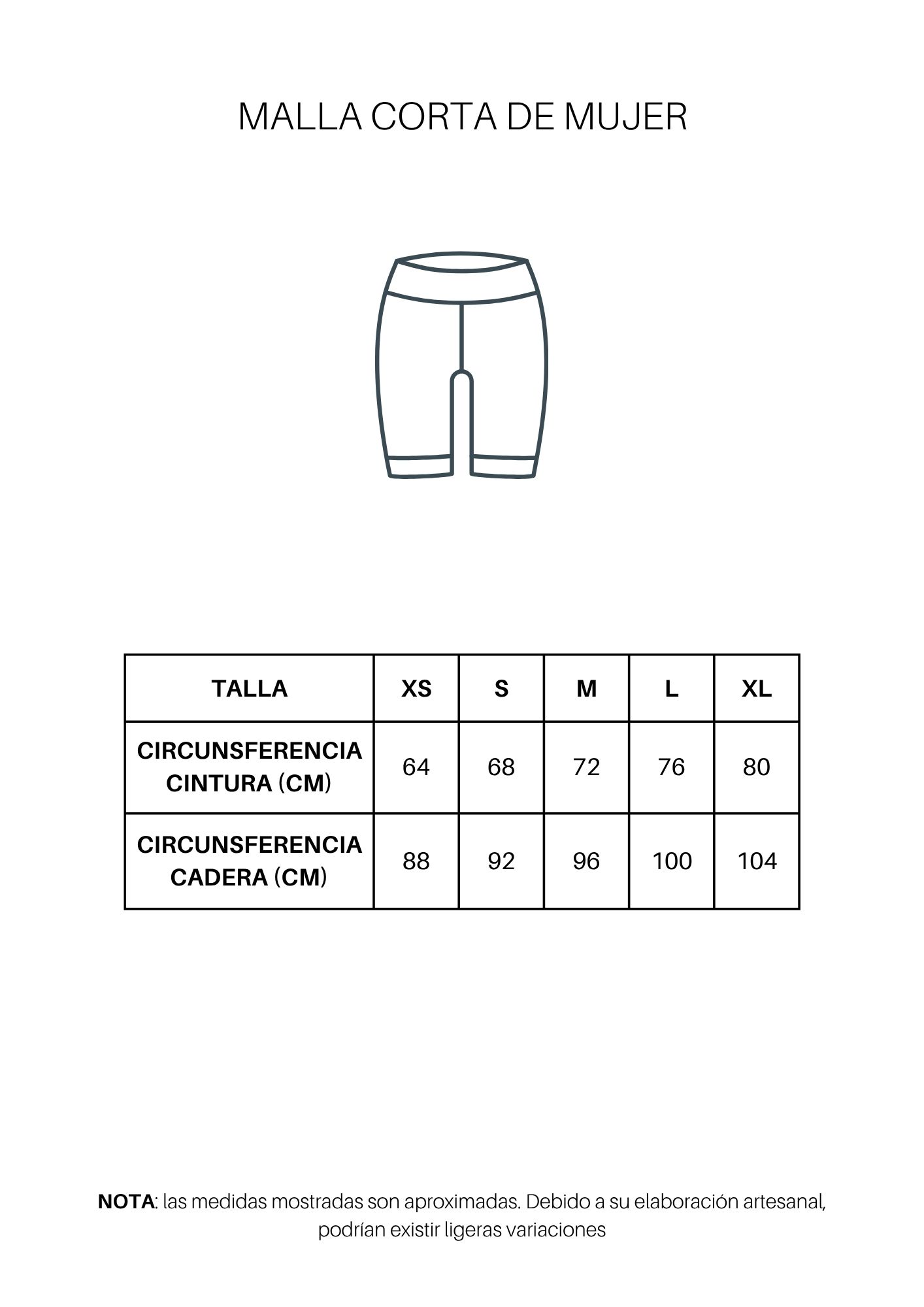 Guía de tallas de Malla corta de mujer personalizada
