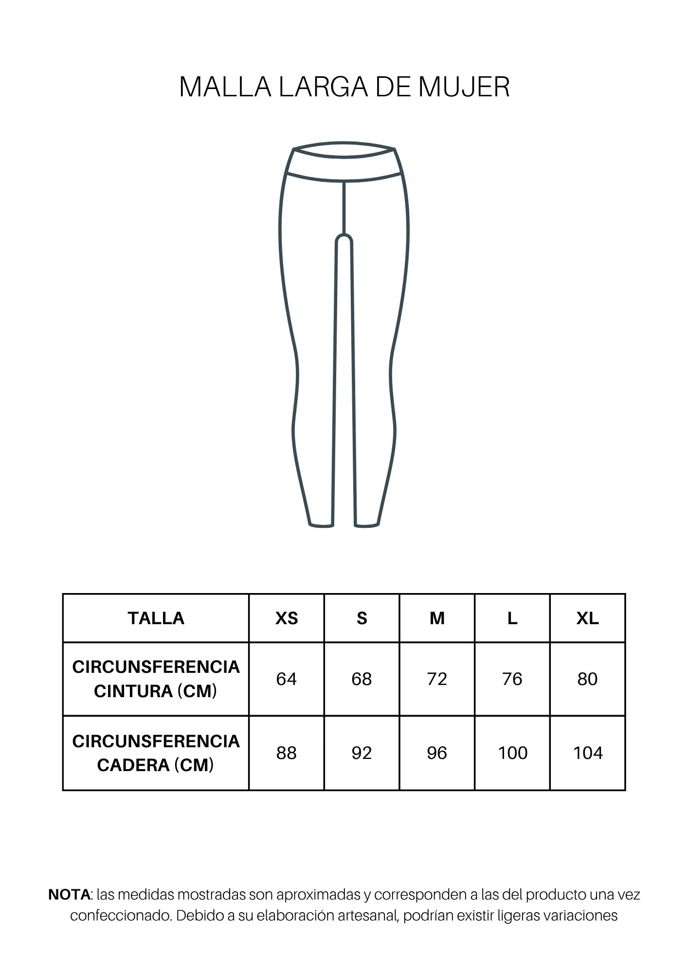 Guía de tallas de Malla larga de mujer personalizada