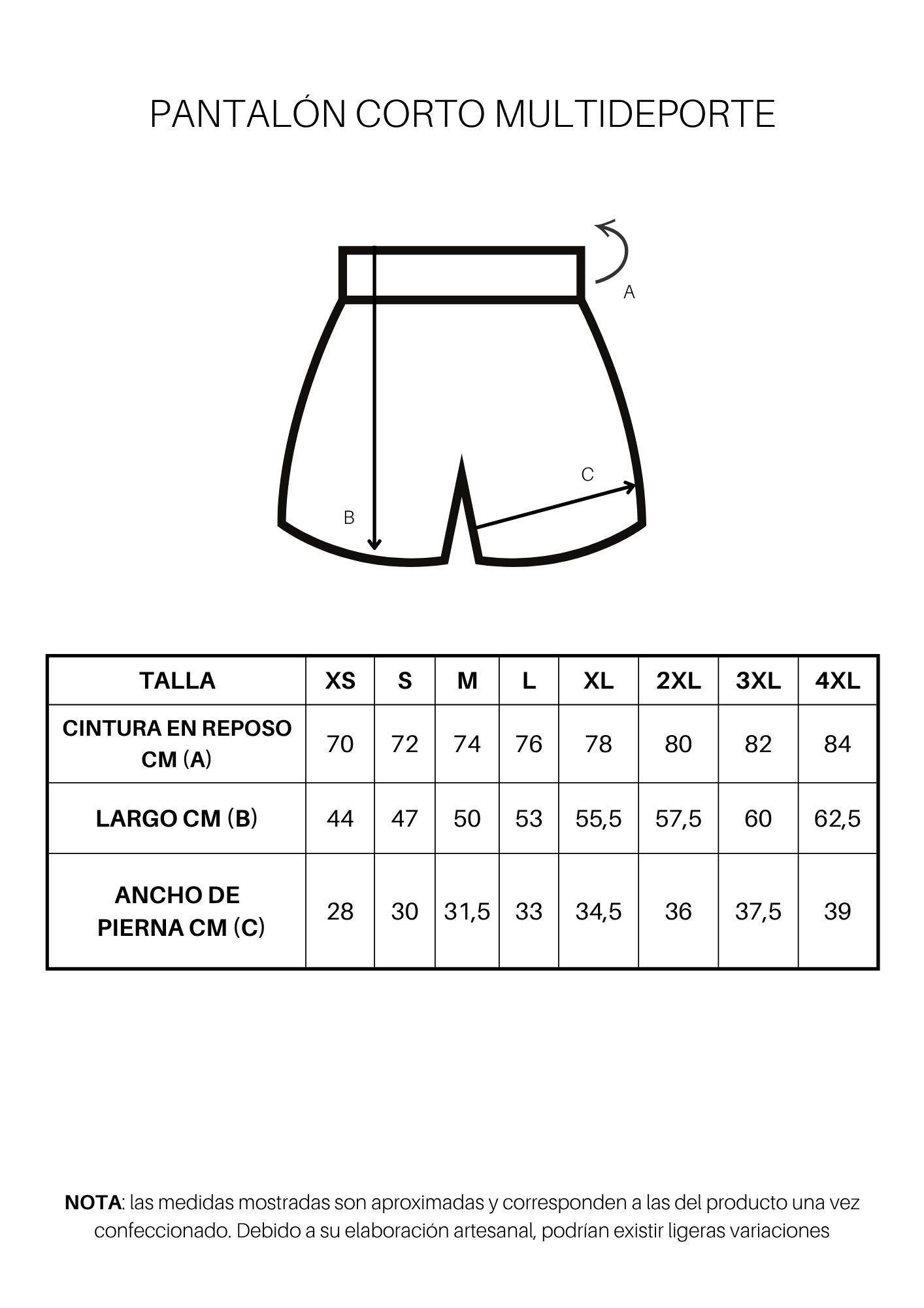 Guía de tallas de Pantalón corto multideporte personalizado