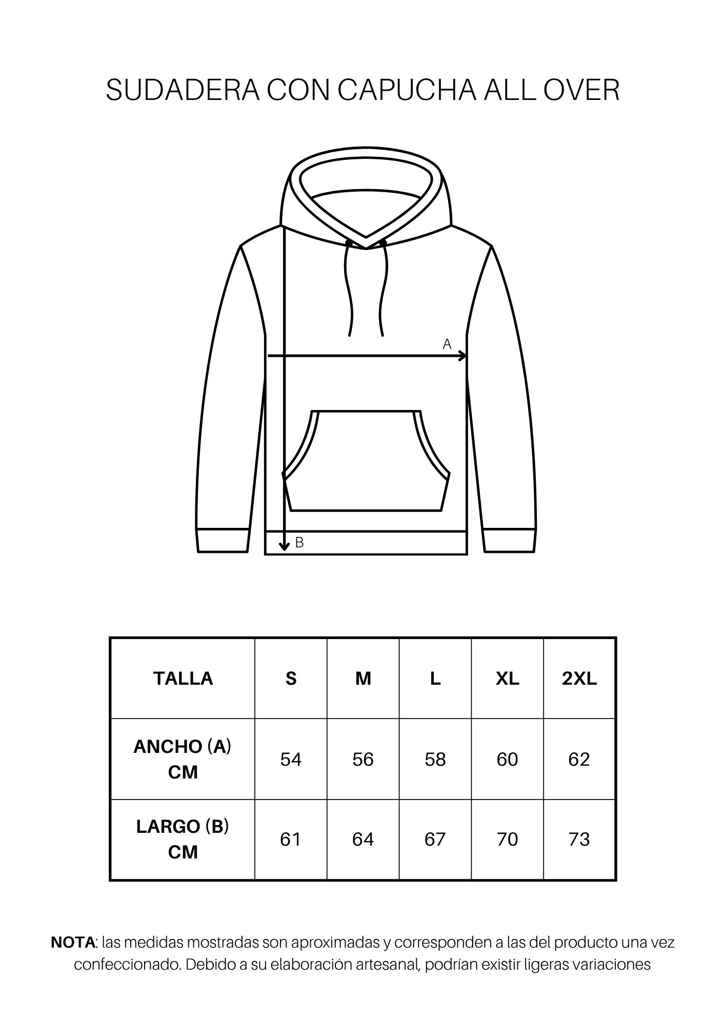 Guía de tallas de Sudadera con capucha personalizada