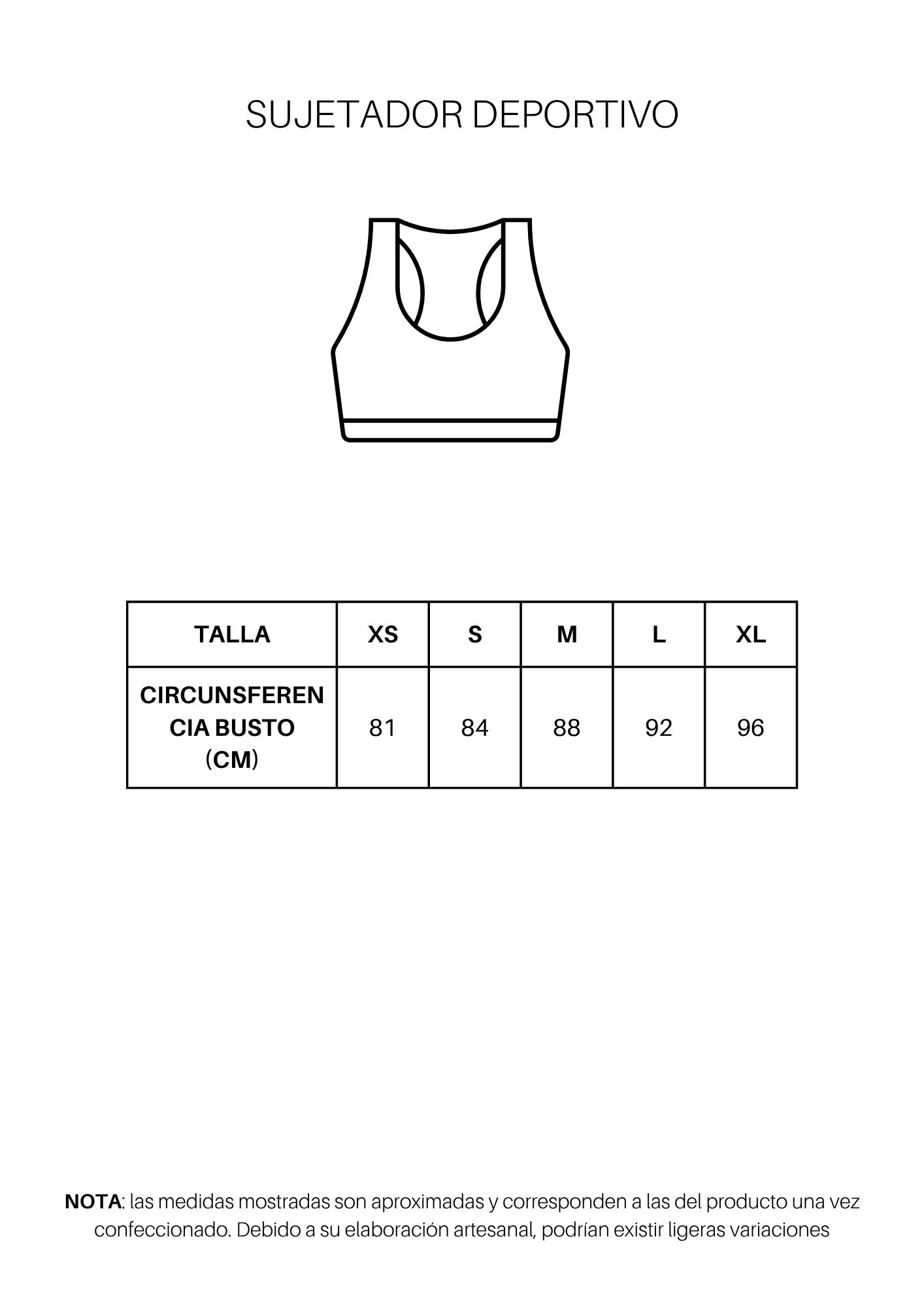 Guía de tallas de Sujetador deportivo personalizado